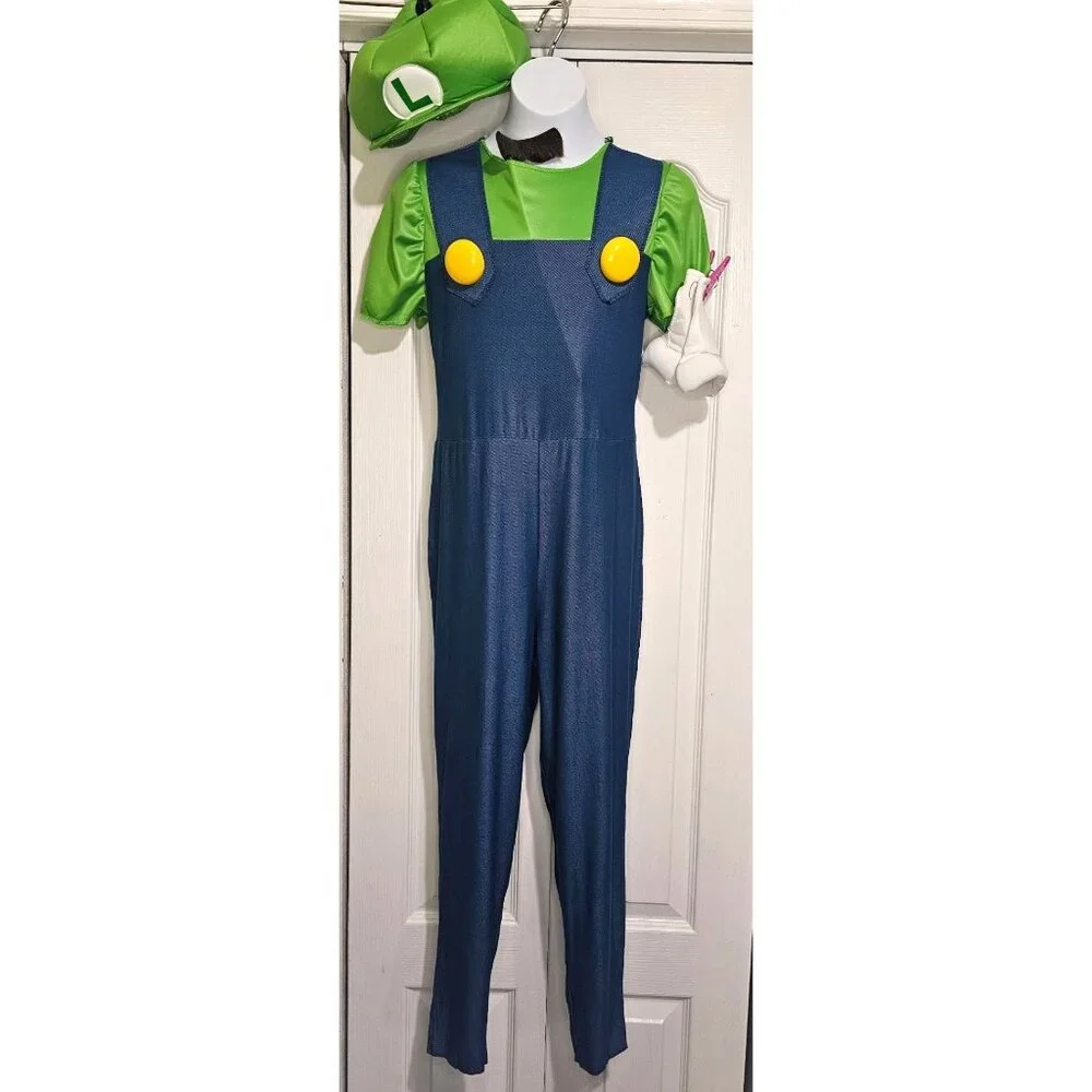 Luigi Costume Girls 14-16 Mustache Stick Gloves Hat Jumpsuit Super Mario Cute